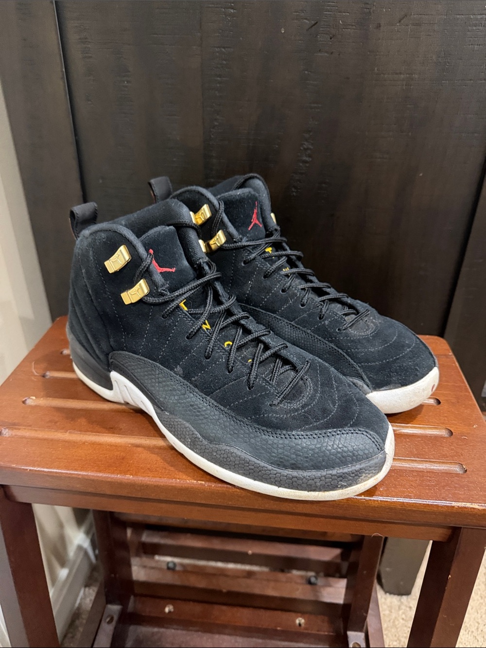 Used Jordan kids Black Suede Sneakers with White Sole and Red/Gold Accents
